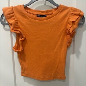 ZARA Ribbed Orange Ruffle Sleeve Tank - Size Small